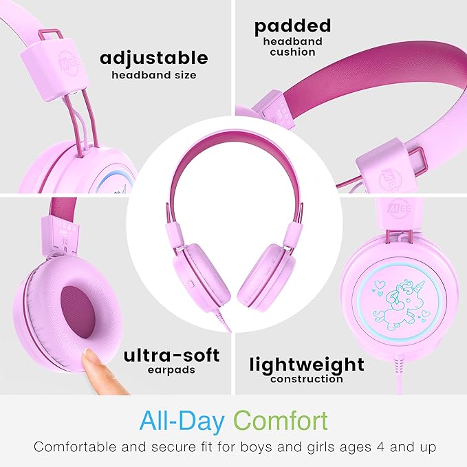 MEE audio KidJamz KJ55 Personalized USB-C Safe Listening Wired Headphones for Kids with Custom LED-Backlit Design, Volume Limiter, & Microphone for iPhone 15, iPad, & USB Type C Devices (Pink)