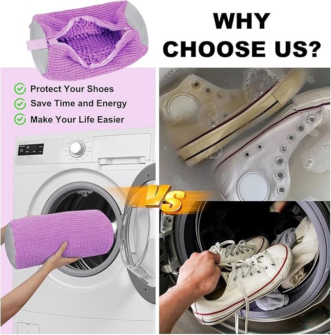 Shoe Washing Machine Bag - Laundry Shoe Bag (2-Pack) Includes 3 Laundry Bags, Reusable, Washer & Dryer Safe, 360° Deep Cleaning for All Shoe Types, Self-Locking Zipper(Purple)
