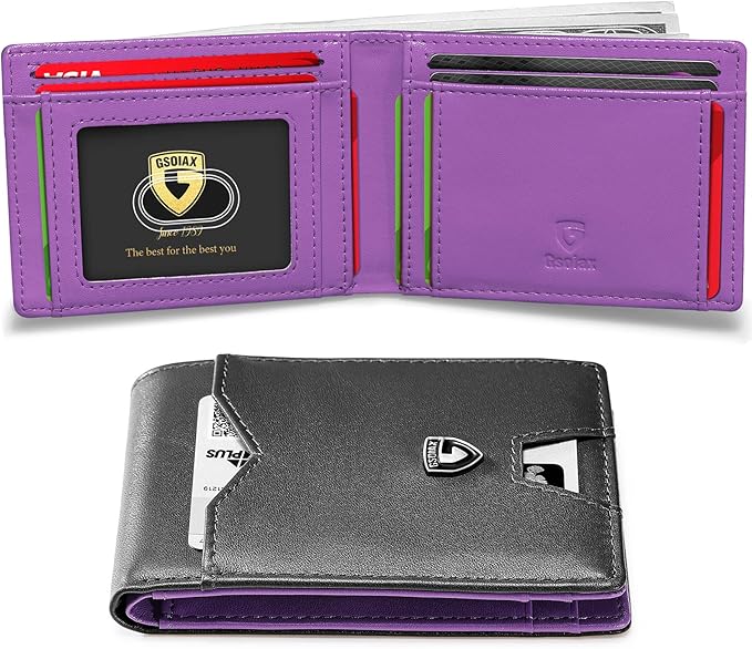 GSOIAX Mens Slim Wallet for Men Minimalist Genuine Leather Carbon Fiber Rfid Blocking Bifold Credit Card Holder With Gift Box (Black and Purple)