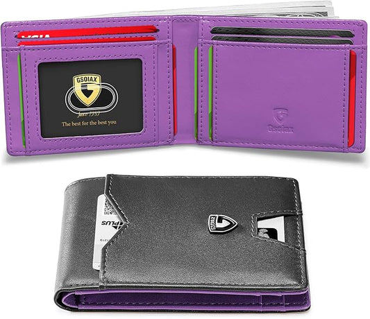 GSOIAX Mens Slim Wallet for Men Minimalist Genuine Leather Carbon Fiber Rfid Blocking Bifold Credit Card Holder With Gift Box (Black and Purple)