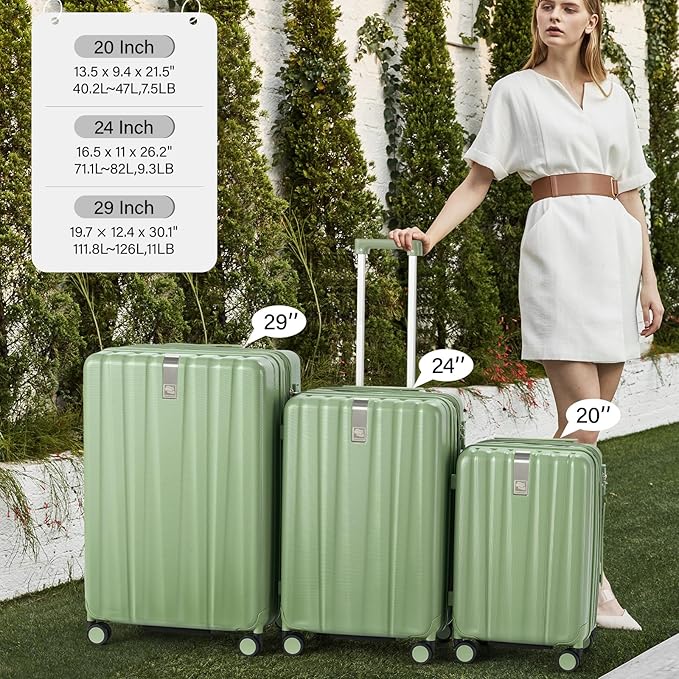 Hanke Expandable Hardshell Luggage Sets 3 Piece Extra Large Suitcases with Lock,28 Inch Luggage with Spinner Wheels, PC Travel Suitcase for Women Men 20 24 29Inch,Bamboo Green