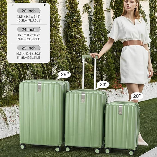 Hanke Expandable Hardshell Luggage Sets 3 Piece Extra Large Suitcases with Lock,28 Inch Luggage with Spinner Wheels, PC Travel Suitcase for Women Men 20 24 29Inch,Bamboo Green