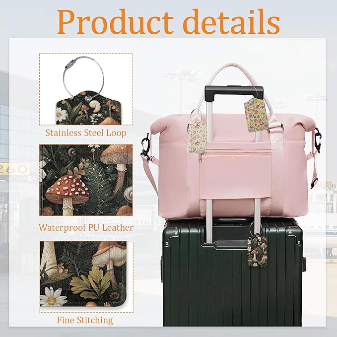 Cute Mushroom Luggage Tags for Suitcases, 3 Pack Leather Bag Tag Identifiers with Stainless Steel Loop and Address Card for Men Women