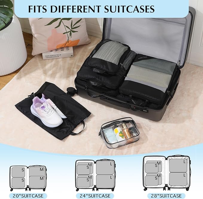 Lightweight Compression Packing Cubes for Suitcases, Compressible Expandable Travel Packing Organizer with Clear Toiletries and Backpack Bag, Travel Essentials for Carry on Luggage 7 Set