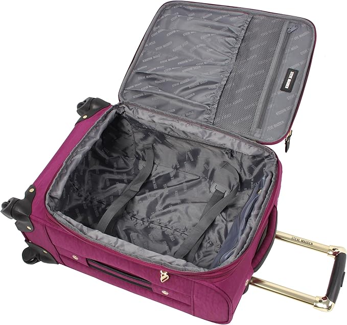 Steve Madden Designer Luggage - Checked Large 28 Inch Softside Suitcase - Expandable for Extra Packing Capacity - Lightweight Bag with Rolling Spinner Wheels (Peek-A-Boo Purple)