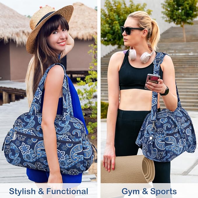 TOPDesign Travel Duffel Bag for Women, Puffer Gym Bag Sports Tote with Wet Pocket, Carry On Weekender with Luggage Sleeve (Bandanna)