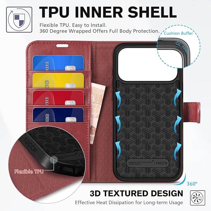 TUCCH Case Wallet for iPhone 17 Pro Max (6.9") 2025, Stand | RFID Blocking | 4 Card Holders | TPU Shockproof Inner Shell | PU Leather | Magnetic Closure Folio Protective Cover | Dark Red