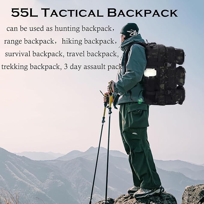 55L Tactical Backpack Heavy Duty Military Rucksack Molle Backpack 3 Day Assault Pack for Work Outdoors