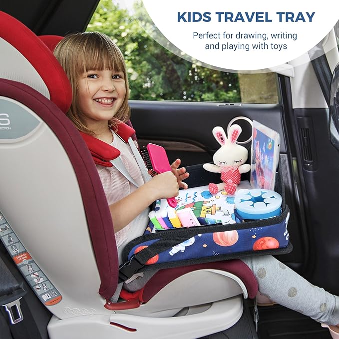 COOLBEBE Kids Travel Tray for Toddler Car Seat, Travel Tray for Airplane, Toddler Car Seat Lap Tray, Carseat Table Tray for Kids Travel Activities (Blue Space)