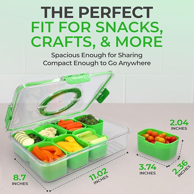 Snackle Box Container with Lid- Travel Charcuterie Box with Handle - Organizer for Candy, Fruit, Nuts, Veggies, Snacks, Beach Essentials, Portable Lunch Box (Green, Large)