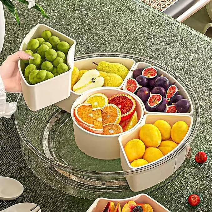 Divided Serving Tray with Lid and Handle,Portable Divided Snackle Box Container 6 Compartments,Clear Lazy Susan Organizer and Fridge Storage Container for Candy,Nuts,Fruits,Snacks and Veggie