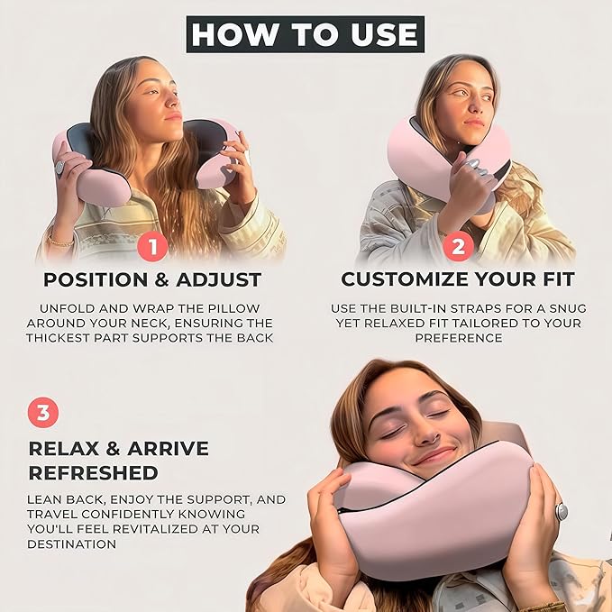Neck Travel Pillow – Ergonomic Airplane Pillow for Neck Support & Comfort | Compact & Washable Cover | Perfect for Airplane, Car, Train & Home Use | Travel Pillow for Adults & Kids (Pink)
