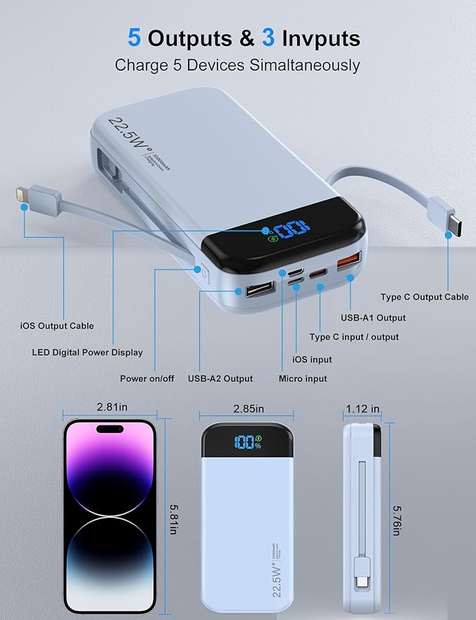 Portable Charger Power Bank 32000mAh with Built in Cables, PD3.0 USB C Fast Phone Charger, 5 Outputs LCD Display Travel Battery Pack Compatible with iPhone, Samsung All Cell Phones (Blue)