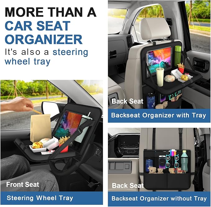 2 Pack Backseat Car Organizer with Tray, 11 Pocket Car Storage with Tablet Holder & Detachable Top for Steering Wheel, Road Trip Essentials Travel, Protector Kick Mats for Kids