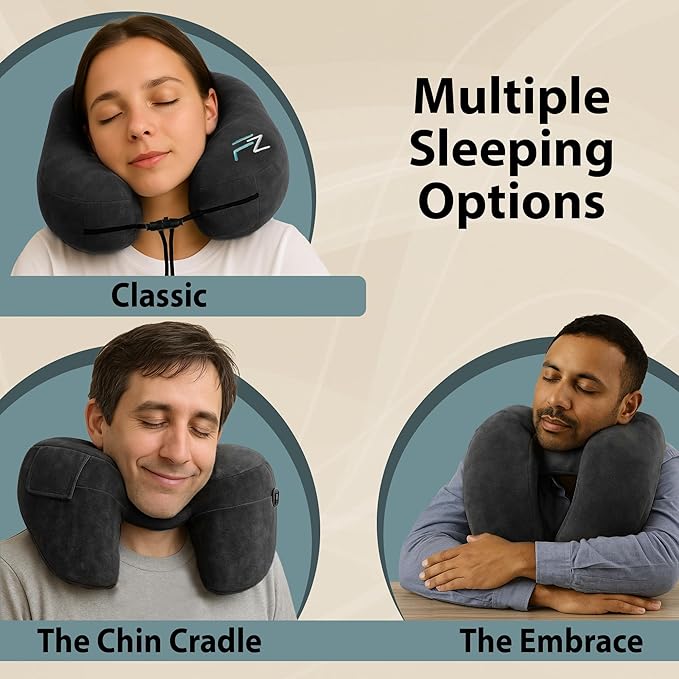 FLOWZOOM Air Inflatable Neck Pillow for Traveling on Plane - H-Shape Hooded Airplane Pillow with 5 Snooze Modes, Fast Inflation, Pressure Control, Cozy Clip-On Hood & Plushy Cover - Size L, Jet Black