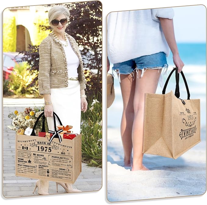 YeohJoy 50th Birthday Gifts for Women Jute Tote Bag, Vintage 1975 Burlap Bag with Cosmetic Bag and Back in 1975 Poster, Unique 50 Years Old Gifts for Mom Friends Wife Sister Her