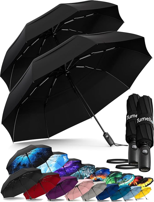 TUMELLA Strongest Windproof Travel Umbrella (Compact, Superior & Beautiful), Small Strong but Light Portable and Automatic Folding Rain Umbrella, Durable Premium Grip, Fits Car & Backpack