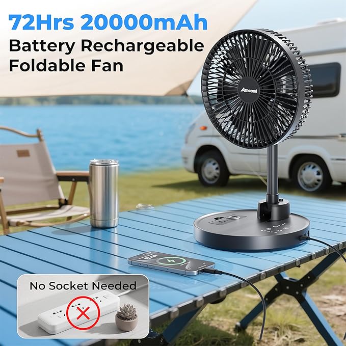 AMACOOL 10'' Foldable Oscillating Fan, 20000mAh Battery Operated with Remote & Timer, Height Adjustable Portable Standing Fan, Quiet USB Output for Camping RV Picnic Home Office Outdoor