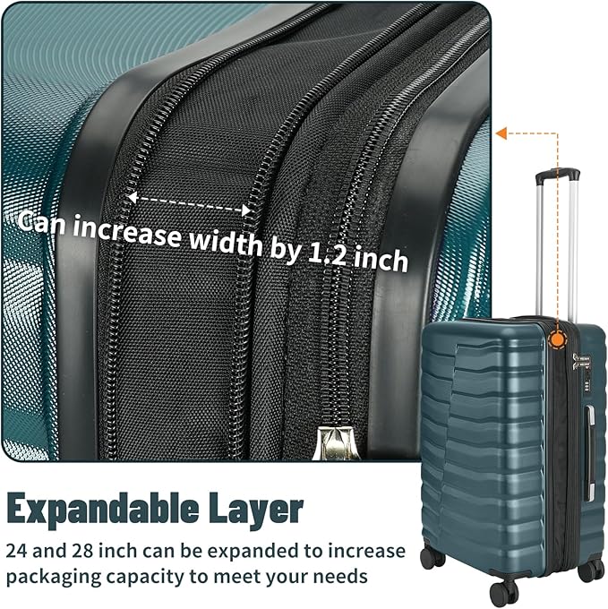 Lightweight Luggage with Spinner Wheels & YKK Zipper, 3-Piece Suitcase ABS+PC Hardside Hard Shell Luggage Set with TSA Lock, Teal Blue (20+24+28 inch)