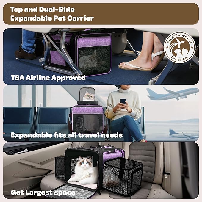 Top and 2 Sides Expandable Cat Carrier 17x11x11, TSA Airline Approved Dog Carriers for Medium Dogs, Soft-Sided Pet Carrier with Self-Locking Zippers for Kitten,Rabbit, Puppy, Guinea Pig Purple