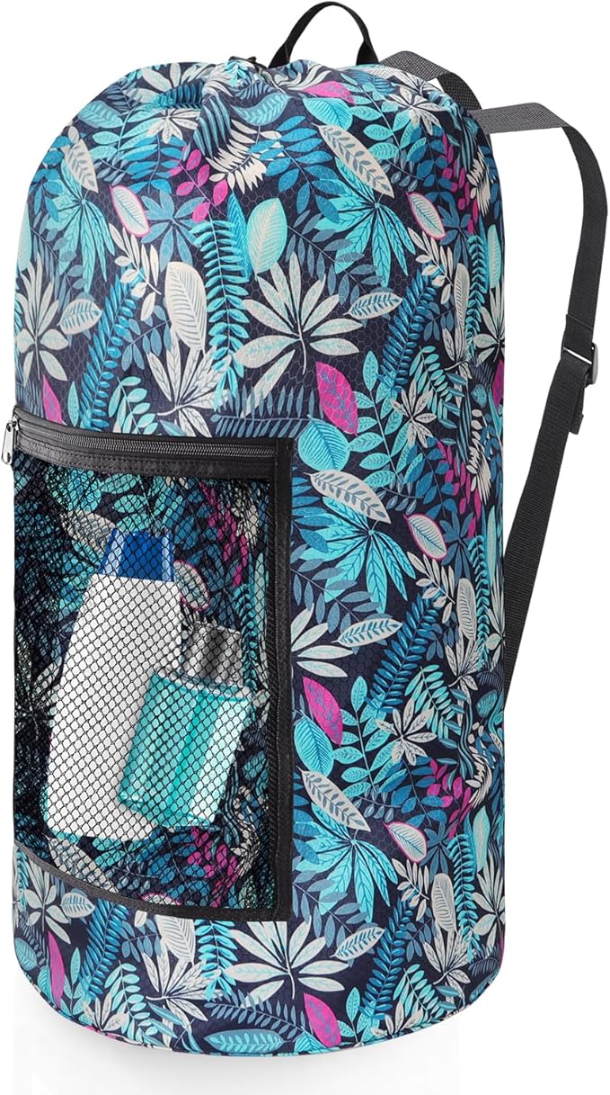 Portable with Adjustable Shoulder Straps Travel Dirty Laundry Bag,with Drawstring Closure & Mesh Pocket Backpack Laundry Bag for College,Apartment,Camping(Green Leaf)