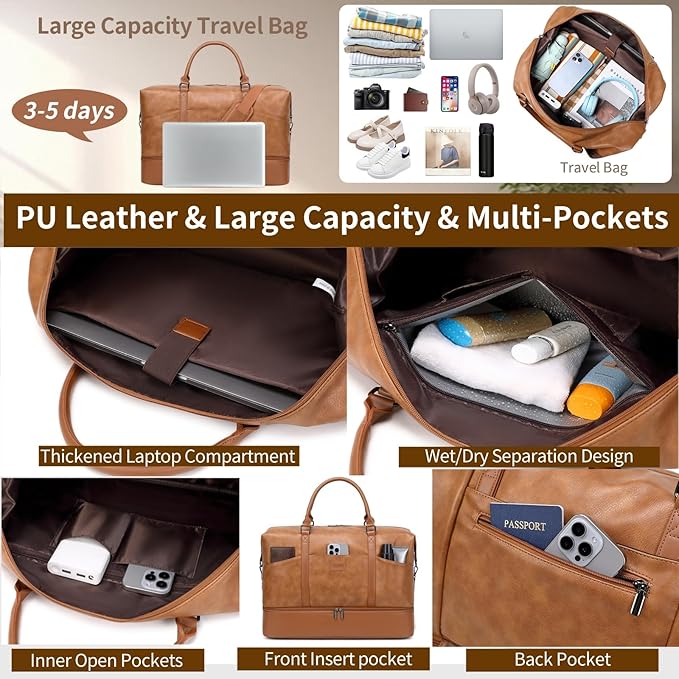 Weekender Bag, Large Travel Duffel Bag for Women, Carry on Overnight Bag with Shoe Compartment and Toiletry Bags