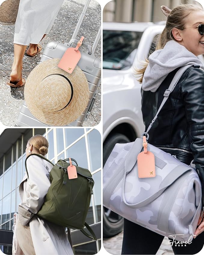 Luggage Tags for Suitcases,2 Pack PU Leather Privacy Protection Bag Tags Travel Accessories Essentials,Pink