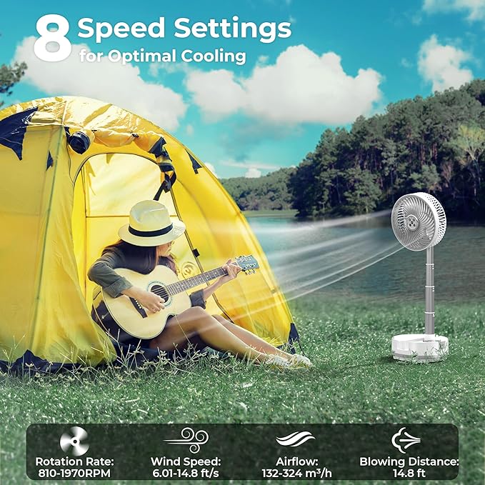 20000mAh Battery Operated Camping Fan - 112Hrs Rechargeable Oscillating Table Fan with Light & Timer, 8 Speeds Portable Travel Fan for Cruise RV Trip, Hurricane Power Outage (8" with Case)