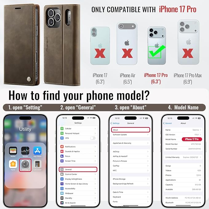 PlusnapX Wallet Case for iPhone 17 Pro Compatible with Magsafe, 2-in-1 PU Leather Flip RFID Blocking Card Holder Stand Shockproof Magnetic Detachable Cover for iPhone 17 Pro Case 6.3", Brown