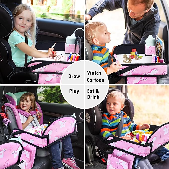WENRENER Kids Travel Tray, Car Seat Tray for kids Travel, Toddler Road Trip Essentials With Drawing Kit, Toddler Lap Desk Organizer for Car, Carseat Table for Airplane