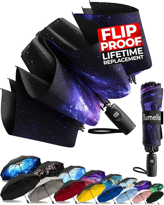 TUMELLA Flip-proof Inverted Travel Umbrella, Small Strong but Light Portable and Automatic Reverse Folding Rain Umbrella, Durable Premium Grip, Fits Car & Backpack