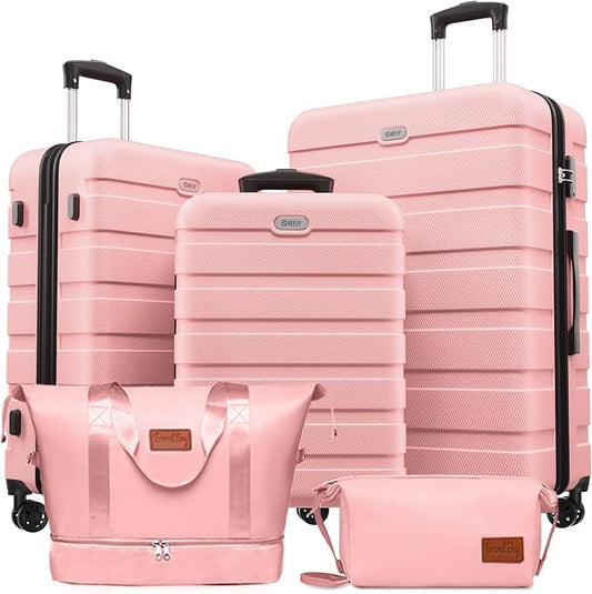 AnyZip Luggage Set 5 Piece PC ABS Hardshell Lightweight Suitcases for Travelling with 4 Universal Wheels TSA Lock Carry on Suitcase Pink