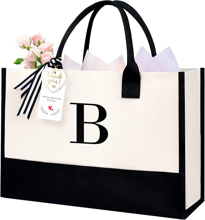 BAGAIL Initial Tote Bag, Personalized Birthday Gifts for Women, Teacher, Friends, Mom, Wedding, Monogrammed Beach Bag