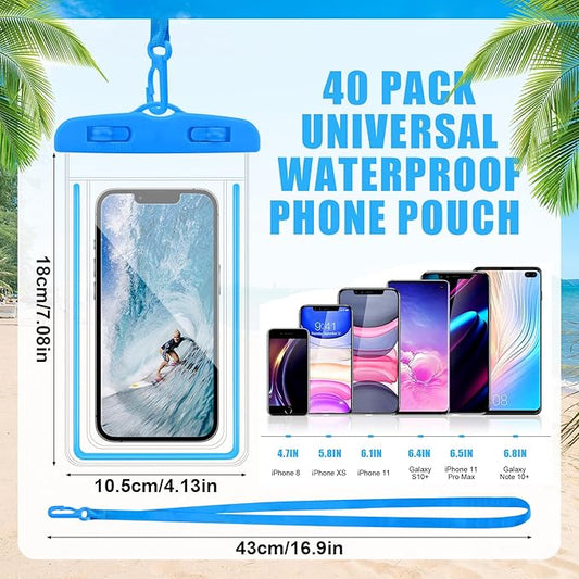 40 Pack Universal Waterproof Phone Pouch, Multicolor Waterproof Case Comp Compatible with iPhone 15 14 13 Pro Max XS Plus, Waterproof Phone Case Dry Bag with Phone Lanyard, Waterproof Phone Pouch Bluk