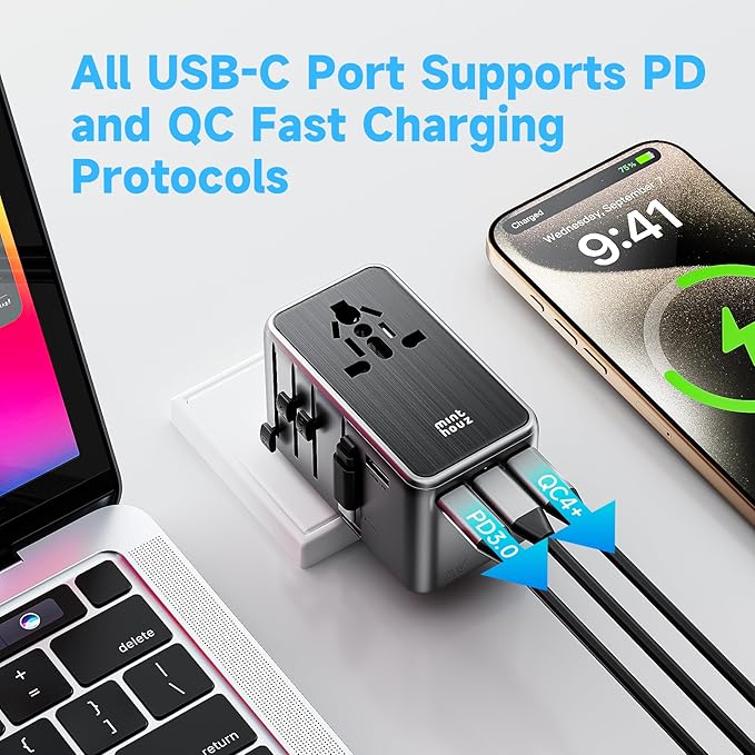 Minthouz Universal Travel Adapter, International 70W Power Adapter GaN Fast Charger with 3 USB-C PD, 1 USB-C Cable & A Ports, All-in-One Portable AC Power Plug Adapter for USA EU UK AUS