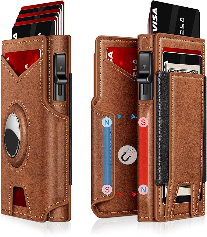 Airtag Wallet for Men, Minimalist Slim Mens Wallet Smart Pop Up Credit Card Holder for 9-13 Cards, RFID Blocking Wallet with ID Window & Cash Slot, Compact Bifold Metal Aluminum Card Case