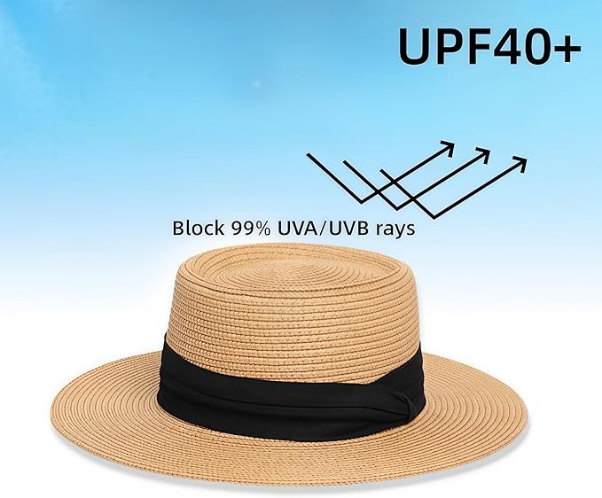 Sun Hat - Foldable Straw Beach Sun Hat for Women UPF40+,Beige Strap Khaki