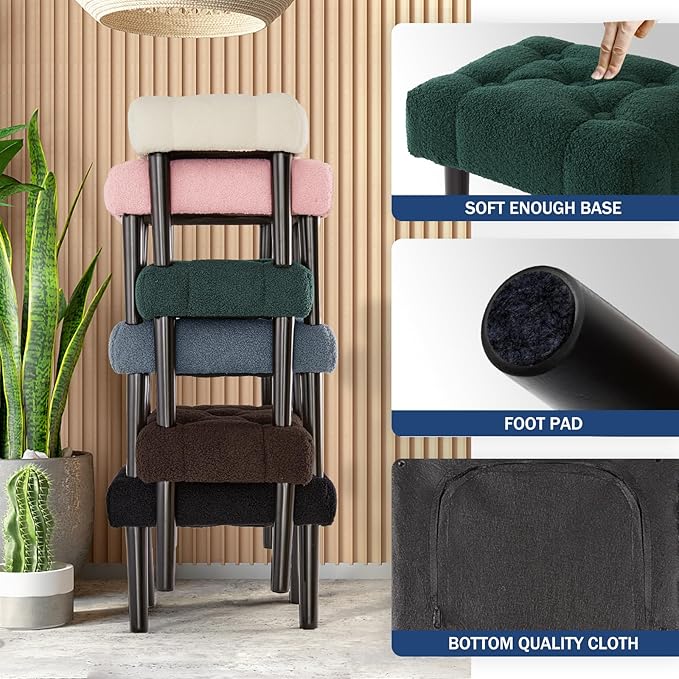 HOUCHICS Fur Padded Foot Stool, Small Ottoman Rest with Wooden Legs, Modern Rectangle Chair Rest for Living Room, Couch, Desk (Green)