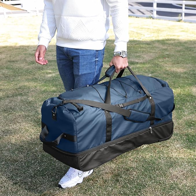 32” 1680D Oxford Foldable Duffle Bag with 2 Wheels,110L to 140L Expandable Soft Sided Rolling Travel Bag,Navy