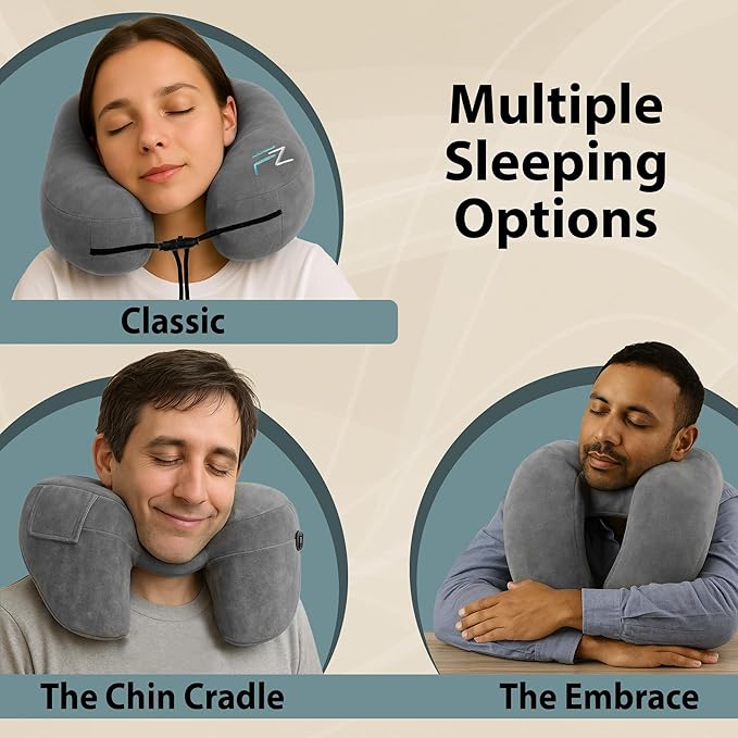 FLOWZOOM Air Inflatable Neck Pillow for Traveling on Plane - H-Shape Hooded Travel Pillow with 5 Snooze Modes, Fast Inflation, Pressure Control, Cozy Clip-On Hood & Plushy Cover - Size L, Silver Gray