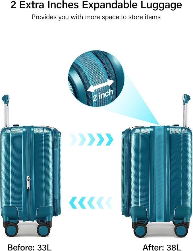 Hanke 16 Inch Expandable Under Seat Luggage with Wheels Top Opening Small Suitcase with Wheels Carry On Luggage Airline Approved Lightweight Hard Shell Suitcases for Weekender Overnight-Caribbean Blue