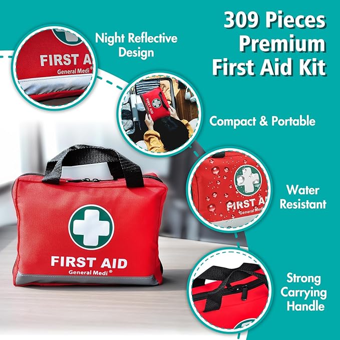 General Medi First Aid Kit -309 Pieces- Reflective Bag Design - Including Bandages, Moleskin Pad and Emergency Blanket for Travel, Home, Office, Car, Camping, Workplace