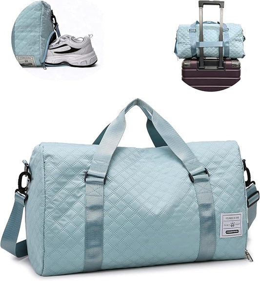 Large Foldable Gym Bag with Shoes Compartment&Wet Pocket,Hospital Bag for Women Labor Delivery,Carry On Overnight,Duffle Bags for Travel,Dance,Cheer,Yoga (Blue)