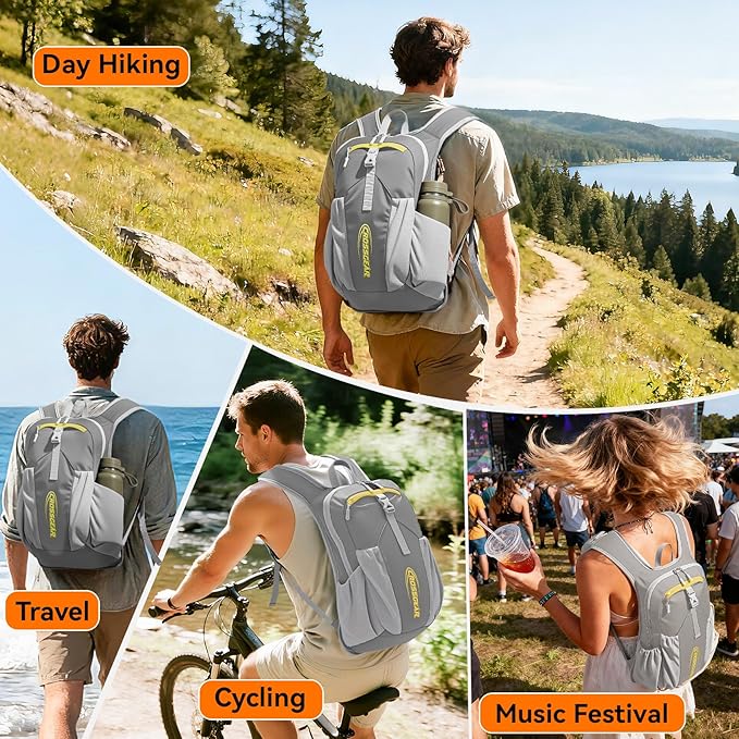 CROSSGEAR Foldable Hiking Backpack, 16L Lightweight Packable Backpack with RFID Pocket, 210D Nylon Fabric, Water Resistant Small Daypack for Women Men Gray
