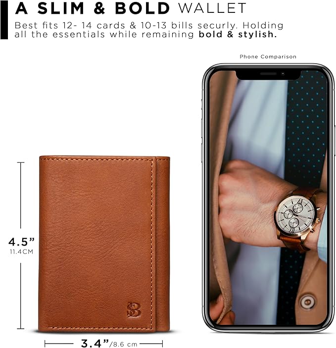 SERMAN BRANDS Trifold Wallet for Men - RFID Blocking Full Grain Leather, 11 Card Slots & ID Window, Slim Everyday Carry, Durable Stitching, Gift for Him