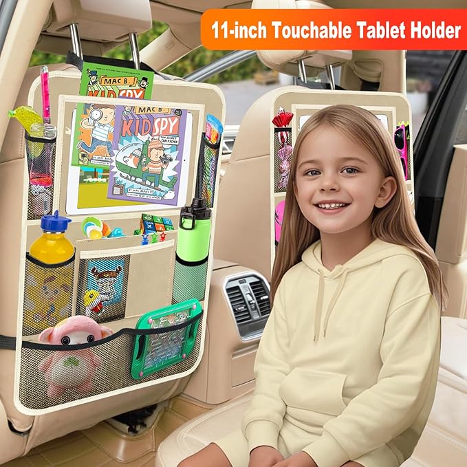 Car Backseat Organizer ，2 Pack Car Organizer Back Seat with 11" Tablet Holder, 10 Storage Pockets Seat Back Protectors Kick Mats for Kids Toddlers, Travel Accessories (Beige)