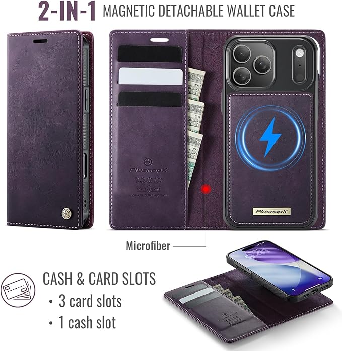 PlusnapX Wallet Case for iPhone 17 Pro Compatible with Magsafe, 2-in-1 PU Leather Flip RFID Blocking Card Holder Stand Shockproof Magnetic Detachable Cover for iPhone 17 Pro Case 6.3", Retro Purple