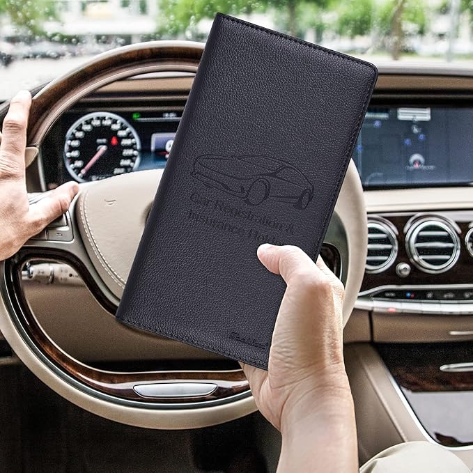 Car Insurance and Registration Holder, 9.5 x 5 Inch PU Leather Vehicle Glove Box Organizer Wallet Case for Insurance Card, Driver License, Paperwork - Black