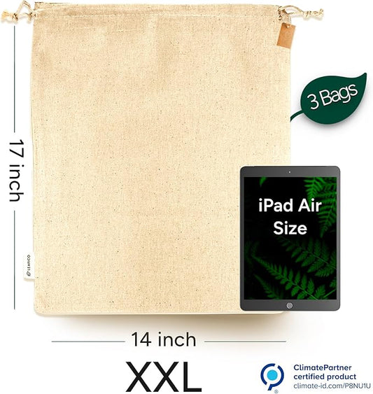 LEAFICO Reusable Produce Storage Bags - XX-Large 19x23 3 Pack - Breathable Muslin Fabric Sacks with Drawstrings – Dust-Proof Travel Cotton Bags for Laundry, Clothes, Purses