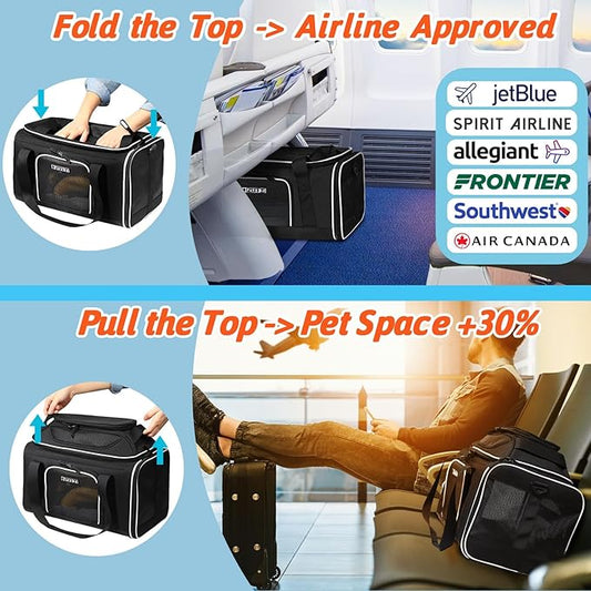 Petskd Top-Expandable Pet Carrier 17x12x8.5 Inches JetBlue Allegiant Spirit Airline Approved, Soft-Sided Carrier for Small Cats and Dogs with Locking Safety Zippers and Anti-Scratch Mesh(Black)